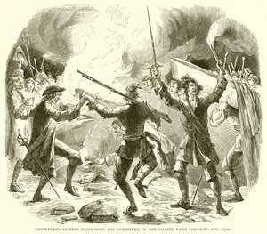 Sacheverel Rioters ødelegger møblene til kapellet nær Lincolns Inn, 1710 av English School