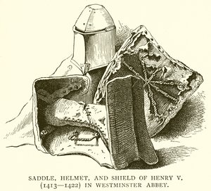 Sadel, hjelm og skjold til Henry V (1413--1422) i Westminster Abbey av English School