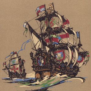 Seilskip (farge litho) av English School
