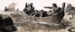 Saint Malo rømmer fra plyndrende vikinger (gouache på papir) av English School