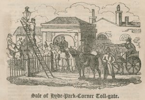 Salg av bomport (Hyde Park Turnpike), Hyde Park Corner, London av English School