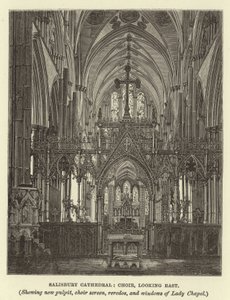 Salisbury Cathedral, kor, ser østover, viser ny prekestol, korskjerm, reredos og vinduer i Lady Chapel av English School