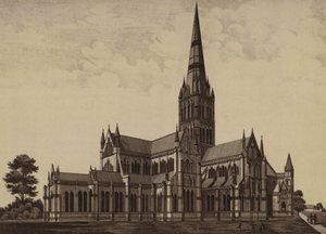 Salisbury Cathedral, fra nordøst (litho) av English School