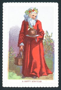 Julenissen holder plommepudding, julekort av English School