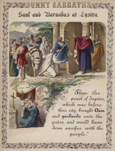 Saul og Barnabas i Lystra (farget gravering) av English School