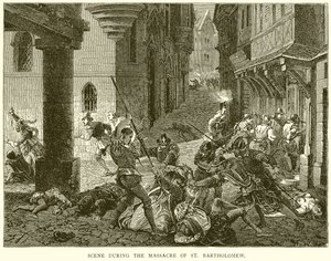 Scene under massakren på St. Bartholomew av English School