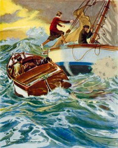 Scene fra Fire ventiler og Sheila: en kvinne som hopper fra en motorbåt til en yacht i røff sjø (fargelitografi) av English School