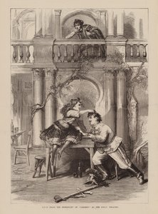 Scene fra burlesken «Carmen» på Folly Theatre (gravering) av English School