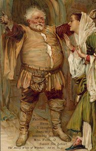 Scene fra Windsors muntre koner av William Shakespeare (fargelitografi) av English School