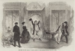 Scene fra det nye dramaet til "The Evil Genius," på Haymarket Theatre (gravering) av English School