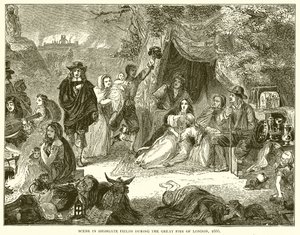 Scene i Highgate Fields under den store brannen i London, 1666 av English School