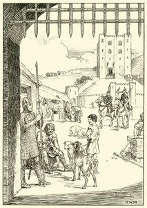 Scene i en slottsgård (blekk på papir) av English School
