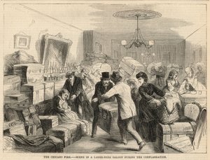 Scene i en lagerølsalong under brannen av English School