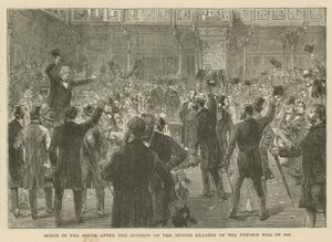 Scene i Underhuset etter delingen ved andre lesing av reformforslaget fra 1866 av English School