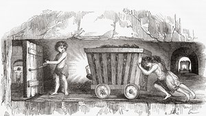 Scene inne i en engelsk kullgruve, tidlig på 1800-tallet (gravering) av English School