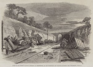Scene for den nylige jernbaneulykken i Winchburgh, på Edinburgh og Glasgow Railway (gravering) av English School