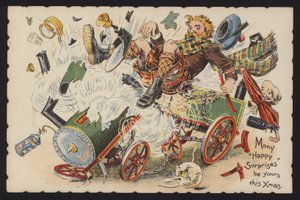 Skott kjører på en eksploderende dampmaskin (chromolitho) av English School