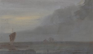 Seapiece with Boats: Evening, tidligere tilskrevet JMW Turner (1775-1851) og også tilskrevet Peter de Wint (1784-1849), 1810-20 (olje på papir) av English School