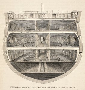 Utsnittsvisning av interiøret i Defense Hulk, illustrasjon fra The Criminal Prisons of London og Scenes from Prison Life av Henry Mayhew og John Binny, pub. 1862 av English School