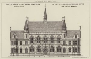 Utvalgt design i den andre konkurransen for de nye eksamensskolene Oxford, Front Elevation (gravering) av English School