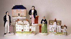 Utvalg av Staffordshire-figurer med tittel: Stanfield Hall; Potash Farm; Palmers hus; Emily Sandford; James Bloomfield Rush; William Palmer, ca. 1849 (keramikk) av English School