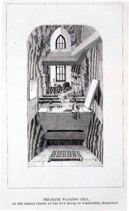Separat vaskecelle i kvinnefengselet i City House of Correction, Holloway, fra "The Criminal Prisons of London and Scenes of Prison Life" av English School