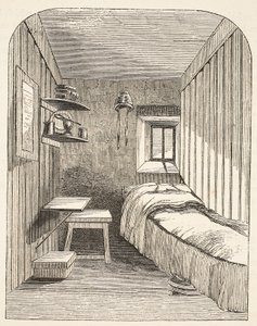 Separat sovecelle i en av de nye fløyene til Female Convict Prison i Brixton, illustrasjon fra The Criminal Prisons of London og Scenes from Prison Life av Henry Mayhew og John Binny, pub av English School