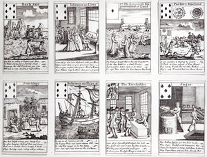 Sett med spillekort som viser satiriske scener av nåværende kommersielle satsinger og investeringer, ca. 1720 av English School