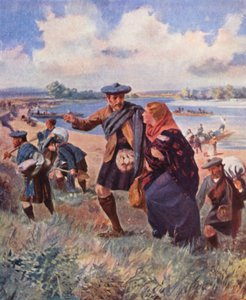 Nybyggere fra Kildonan ankommer Red River, Manitoba (fargelitografi) av English School