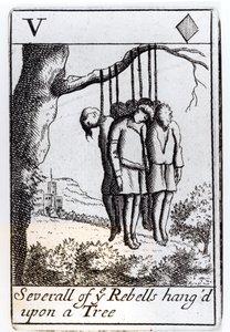 Flere opprørere hengt fra et tre, fem hjerter som spiller kort fra et sett til minne om Monmouths opprør i 1685 av English School