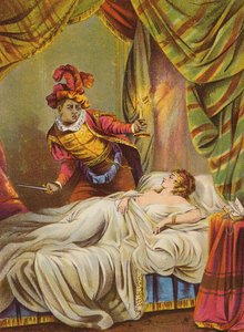 Shakespeare: Othello, Desdemona i sengen, sovende (kromolitho) av English School