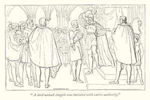 Maß für Maß; Angelo wird mit herzoglicher Autorität ausgestattet (Stich) von English School