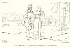 Shakespeares mye ståhei om ingenting; Beatrice beklager Heros skam mot Benedick (gravering) av English School