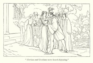 Shakespeares The Merchant of Venice; Portia oppdager seg selv som de påståtte Doctors of Laws (gravering) av English School