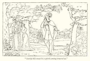 Shakespeares Stormen; Ferdinand ledet av Ariels sang (gravering) av English School