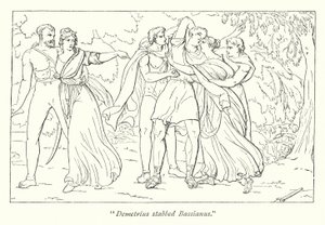 Shakespeares Titus Andronicus; Demetrius, påskyndet av Tamora, myrder Bassianus (gravering) av English School