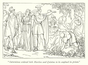 Shakespeares Titus Andronicus; Martius og Quintus arrestert for drapet på Bassianus (gravering) av English School