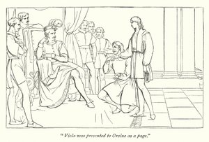 Shakespeares tolvte natt; Bildeteksten som presenterer Viola for Orsino av English School