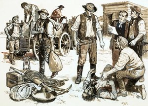Sheriff Henry Plummer var ansvarlig for engros ran og vold (gouache på papir) av English School