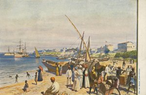 Skip på stranden, Dar es Salaam, Tanzania (farge litho) av English School