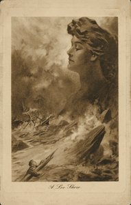 Schiffbrüchige Überlebende kämpfen sich zu einer Luvküste (Lithografie)