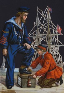Skopussgutt som pusser en salors støvler, reklame for Carrs Blackit skokrem (chromolitho) av English School