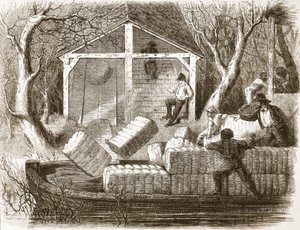 Skyting av bomullsballer inn i den fremre delen av elvedamperen Magnolia, illustrasjon fra The Illustrated London News, 1861 av English School