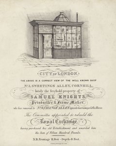 Butikk til Samuel Knights, trykkeri og rammemaker, 3 Sweetings Alley, Cornhill, City of London av English School