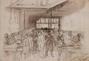 ?Shoreditch, Penny-middag på Australian Meat Company, ca. 1860 (blyant, blekk og vask på papir) av English School