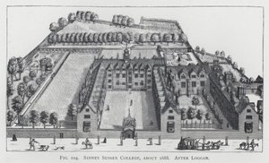 Sidney Sussex College, ca 1688, etter Loggan (gravering) av English School
