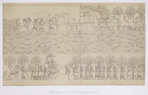 Beleiring av en by ved bredden av en elv, plate 42 fra Nineveh and its Remains av Austen Henry Layard (1817-94) publisert 1849 av English School