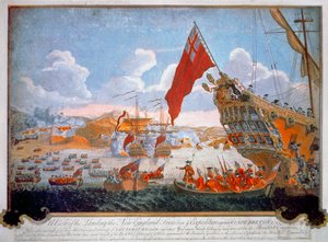 Beleiring av den franske festningen Louisbourg i 1745 av britiske fartøyer og New England-kolonier (farge litho) av English School