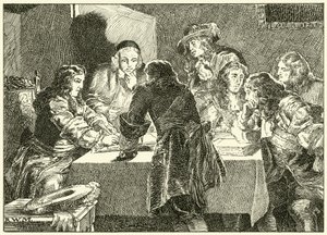 Signerer invitasjonen til William av Orange (blekk på papir) av English School