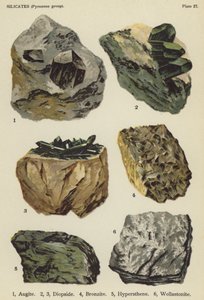 Silikater (pyroksengruppe), augitt, diopsid, bronsitt, hypersten, wollastonitt (farge litho) av English School